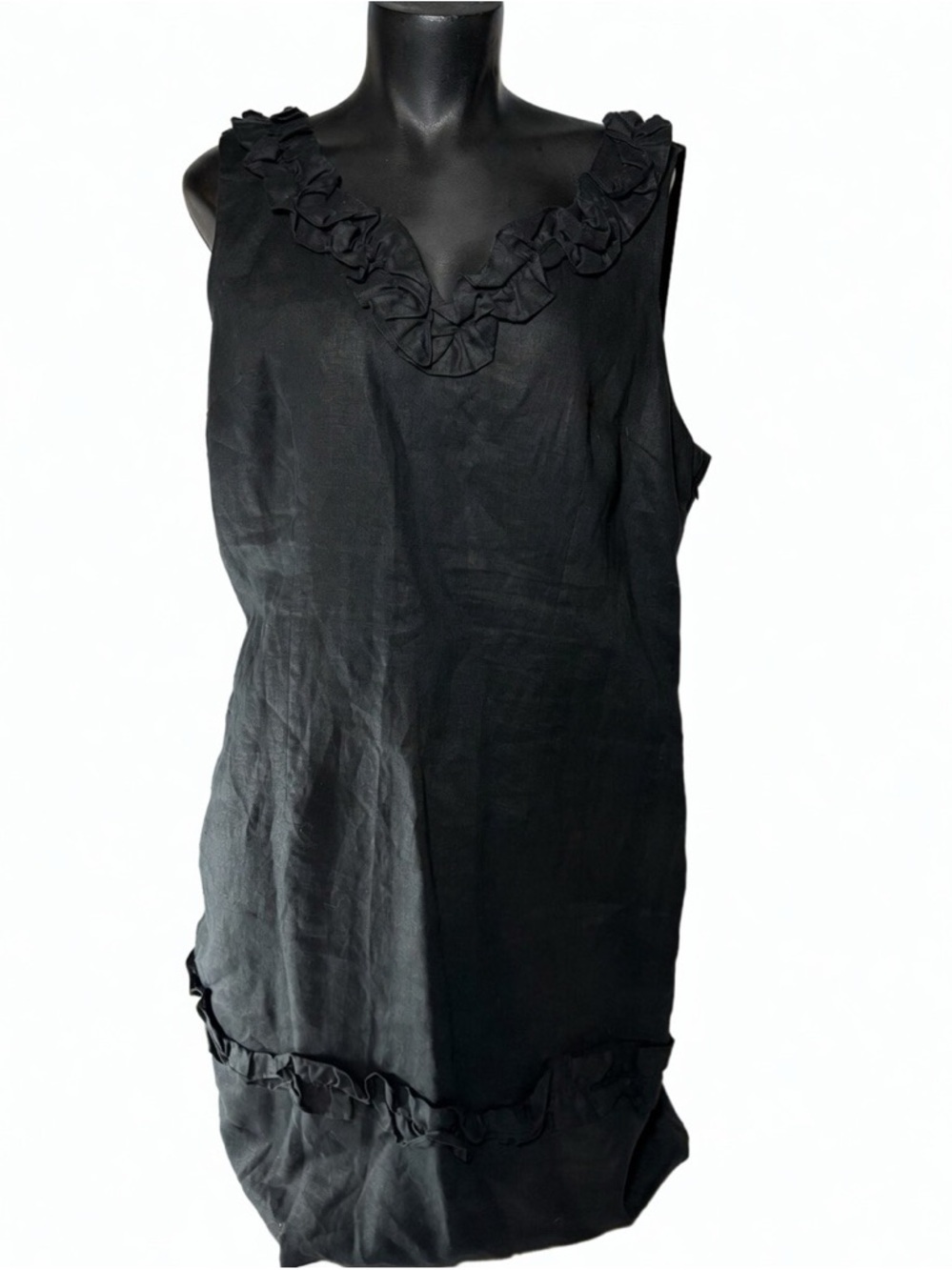 ecru 100% Linen, lined Black Ruffle-Trim V-Neck Dress